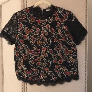 Zara black lace top with appliqué vermicelli